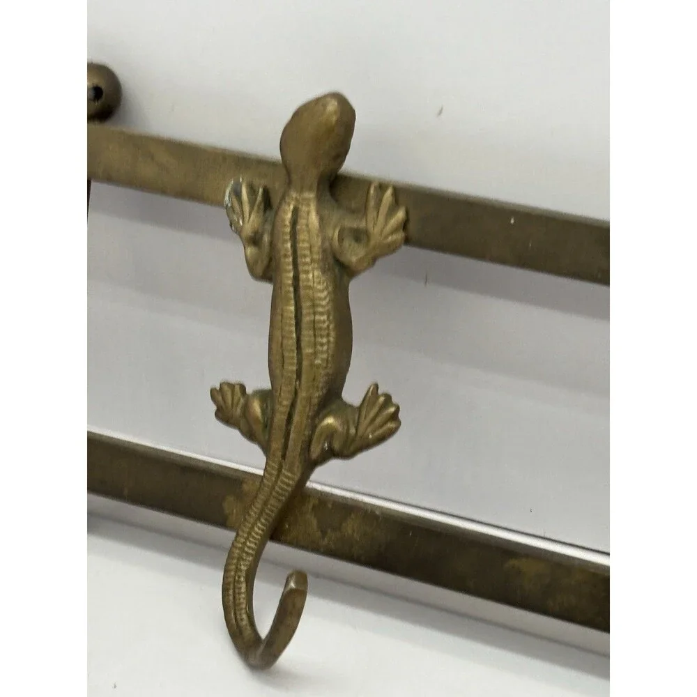 Vintage Solid Brass 5-Hook Lizard Gecko Wall Rack Coat Key Towel Hanger Boho 22